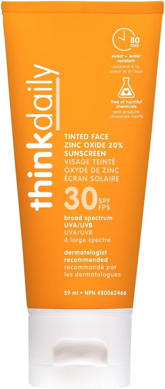 Thinkdaily Tinted Sunscreen for Face, SPF 30, 20% Zinc Oxide, 2 O
