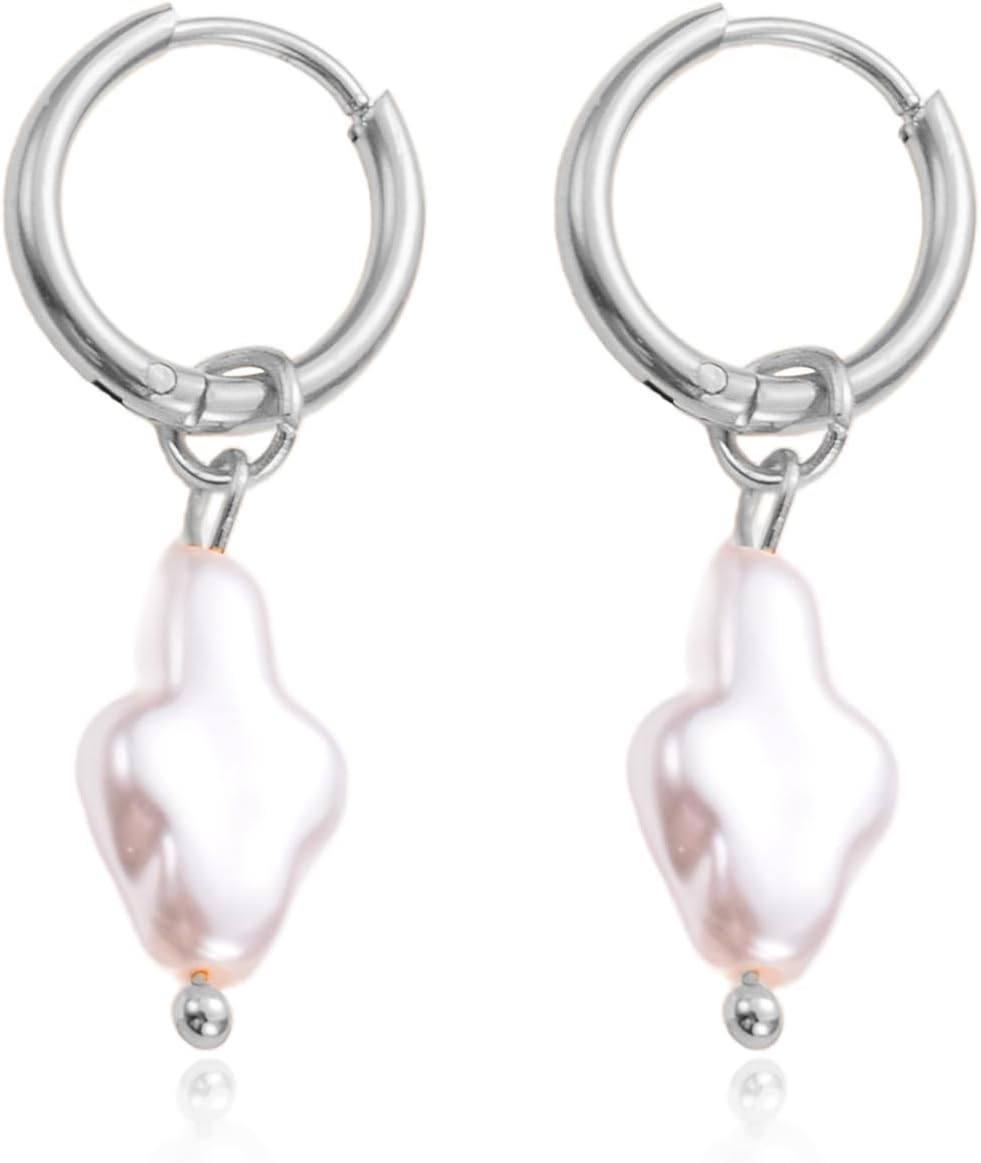 Gold Cross Hoop Earrings for Women Pearl Earrings Asymmetrical Earrings Sil