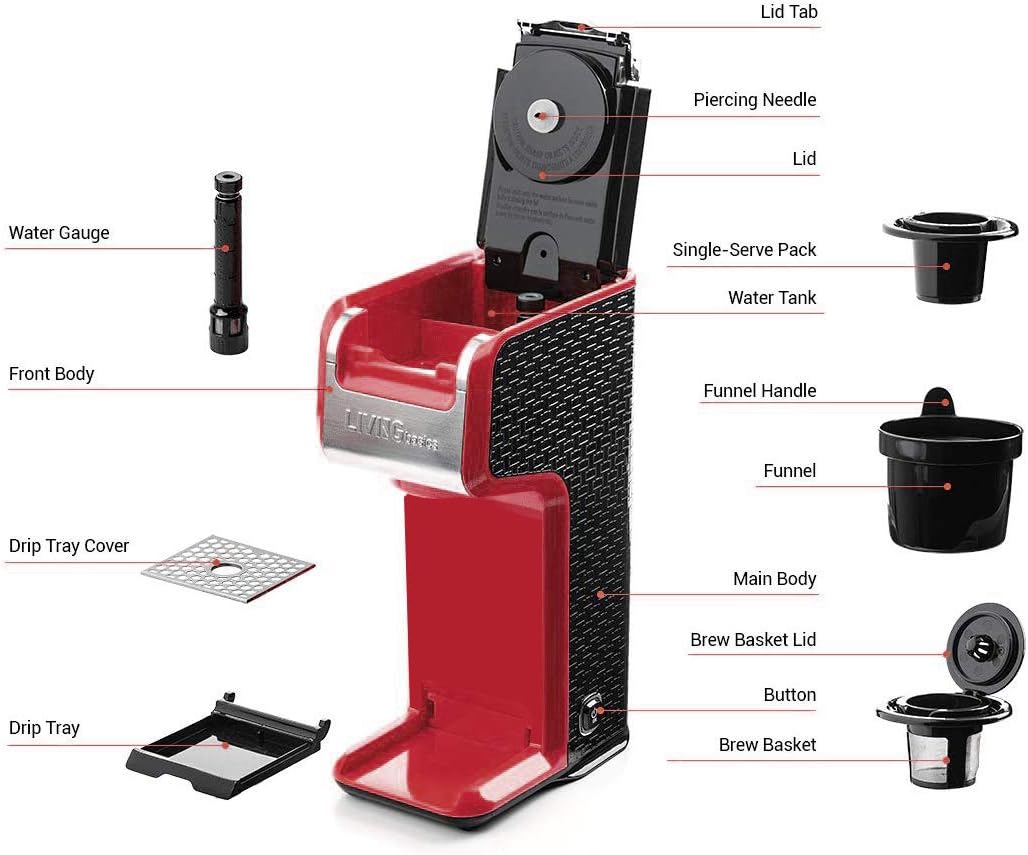 LIVINGbasics LVBe-CM1801-All 2 In 1 Single Serve Coffee Maker Brewer, Ground & Capsule, Slim Design, Red