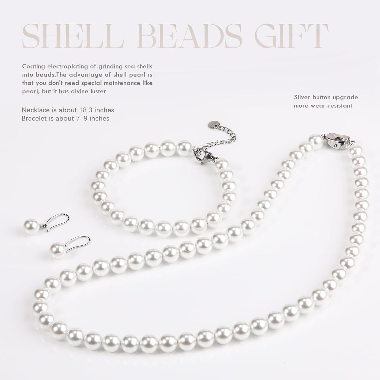 AOOVOO Pearl Necklace Set for Women Girls, 8mm Round Shell Pearl Includes S