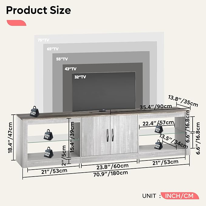 Bestier USWM01-T108I-WSW LED TV Stand for TVs up to 75" Entertainment Center for Living Room Wash White