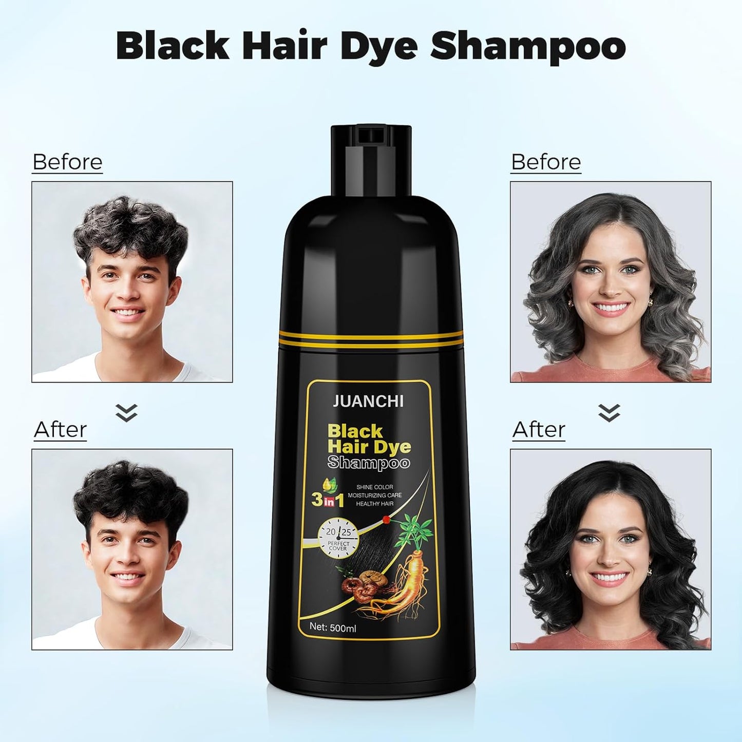 Black Hair Dye Shampoo 3 in 1, Hair Color for Women and Men, Black Hair Dye