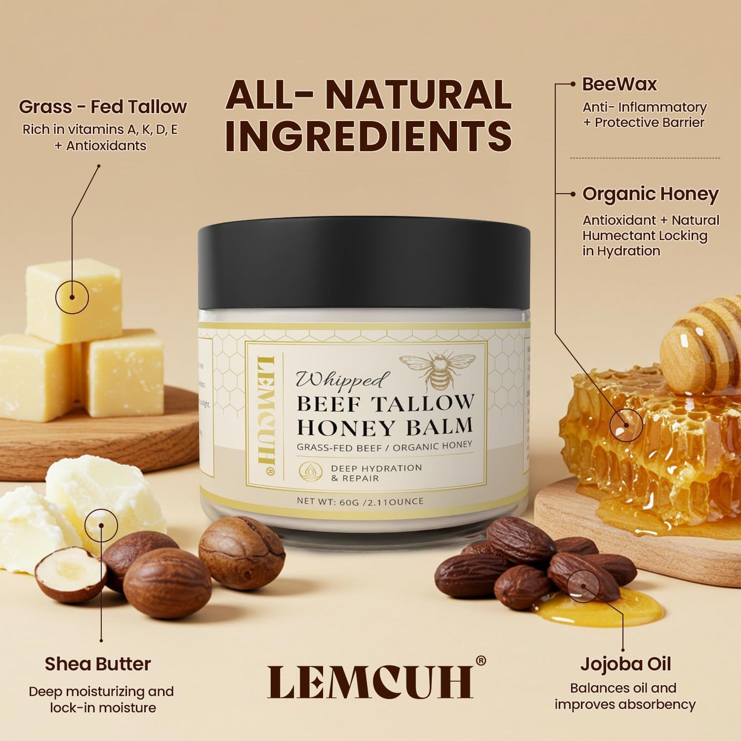 Beef Tallow and Honey Balm for Skincare: Grass-Fed Whipped Beef T