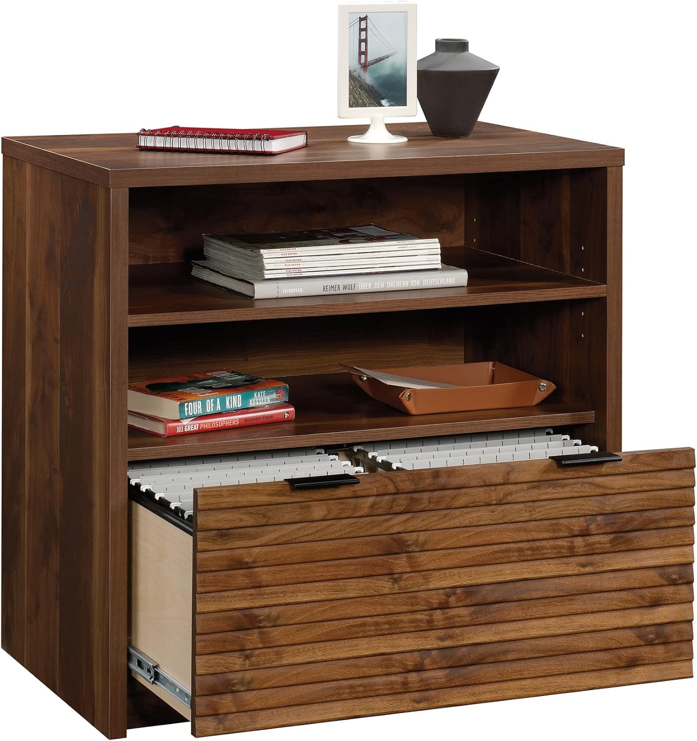 Sauder 426510 Harvey Park Lateral Filing Cabinet with Open Shelf, Grand Walnut Finish