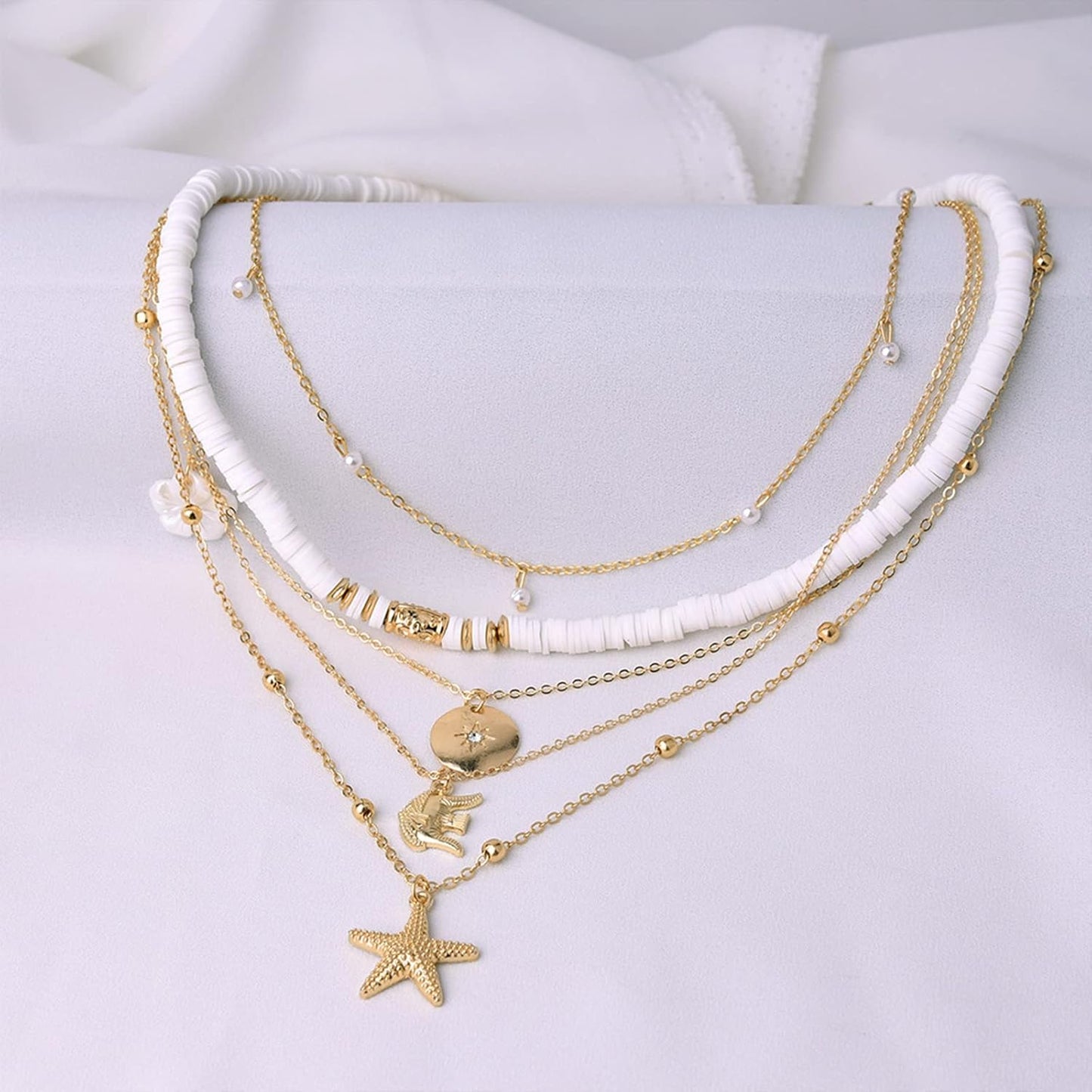 Layered Puka Shell Necklace for Women Gold Seashell Starfish Palm Sun Penda