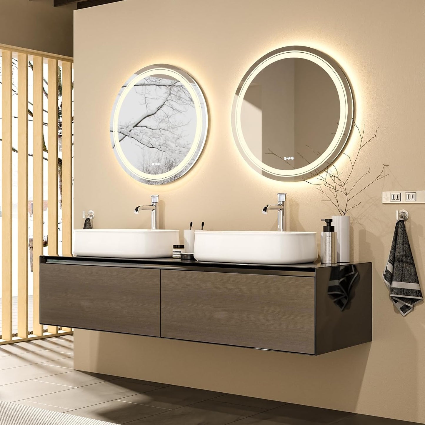Wisfor Bathroom Mirror with LED Light: 24 Inch Dimmable Illuminated Circle Wall Mounted Vanity Mirror with Demister Pad Smart Touch Sensor for Makeup Shaving Hairdressing, Front Lighted + Backlit
