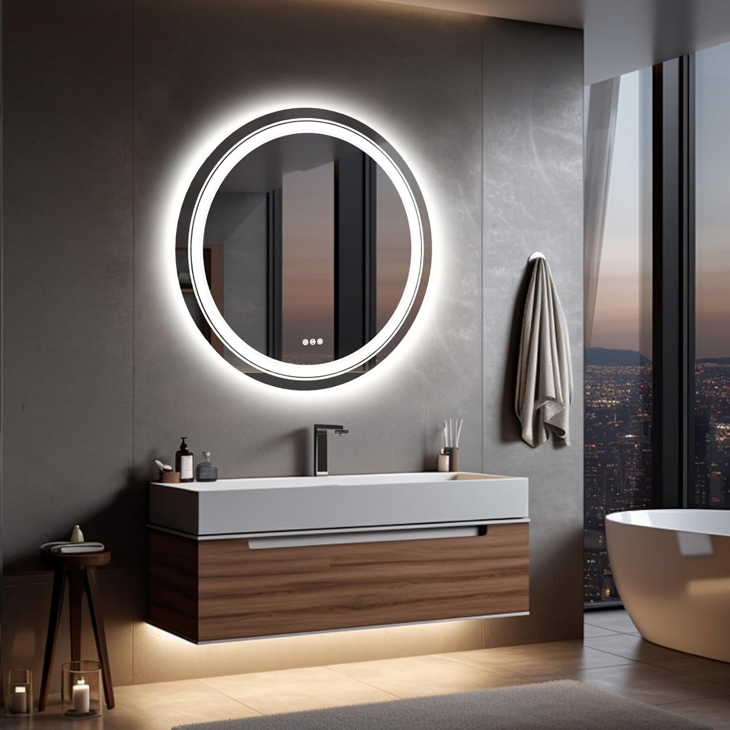 Wisfor Bathroom Mirror with LED Light: 24 Inch Dimmable Illuminated Circle Wall Mounted Vanity Mirror with Demister Pad Smart Touch Sensor for Makeup Shaving Hairdressing, Front Lighted + Backlit