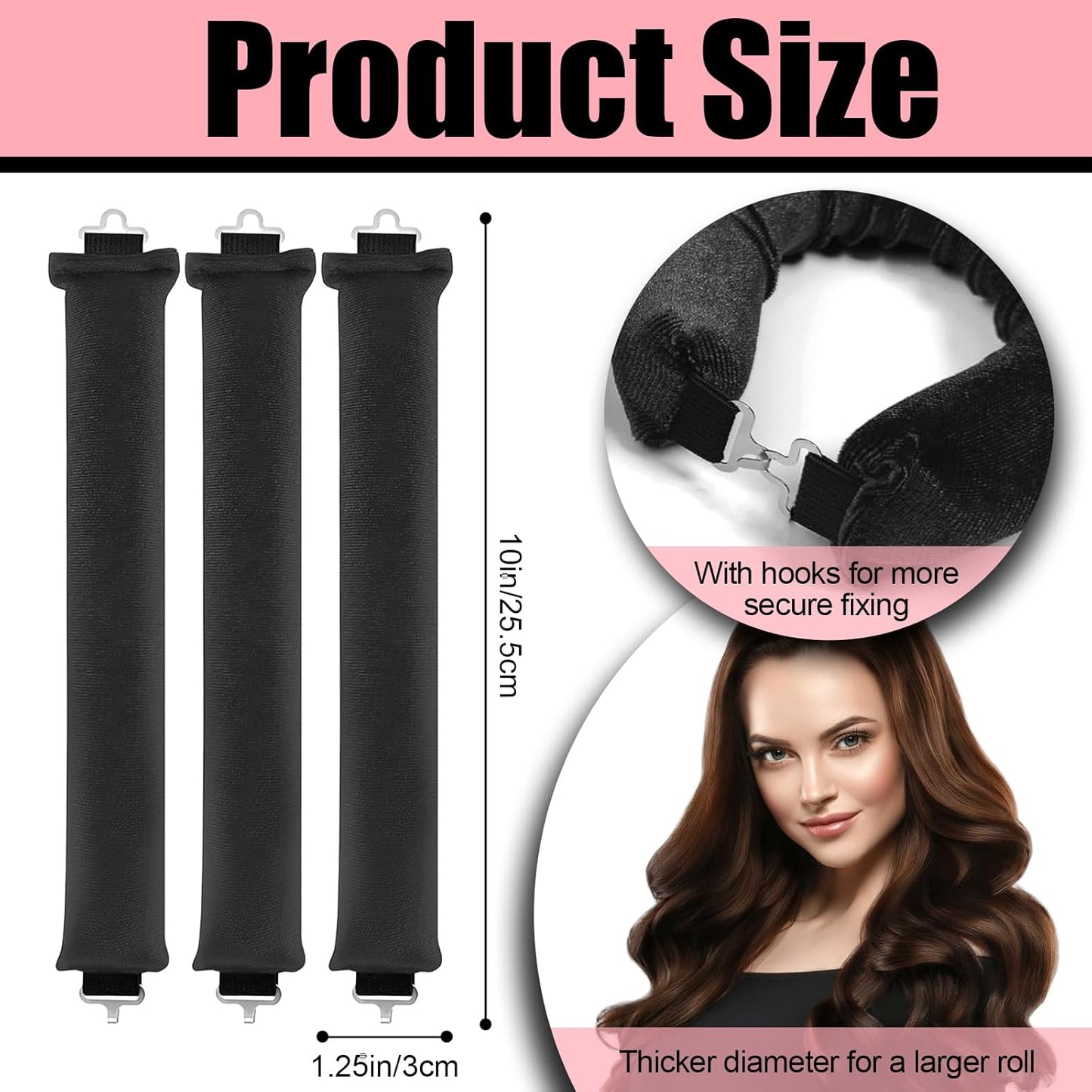 Hair Curler No Heat, 3 Pcs Heatless Hair Curler Rods with Hook, H