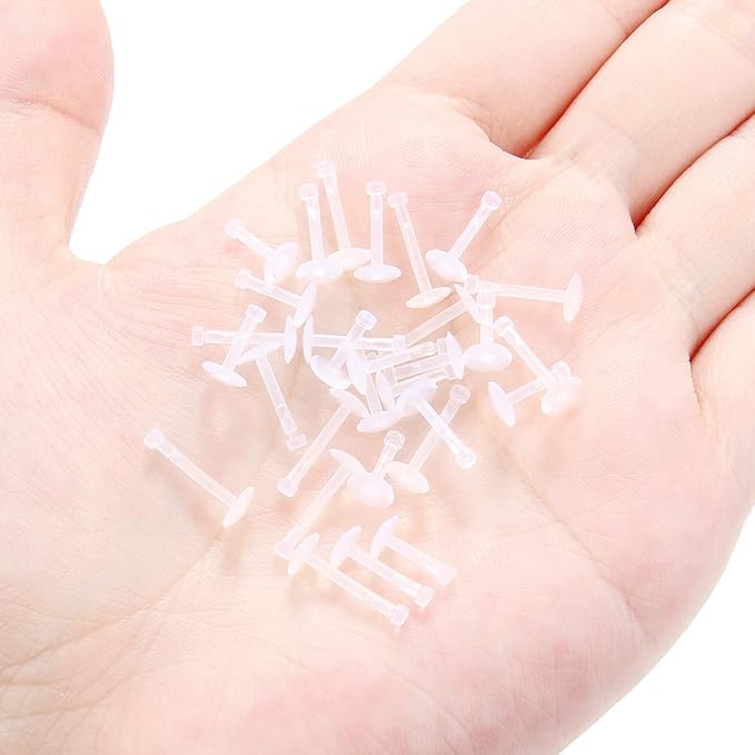 Lcolyoli 30PCS 16G Clear Push Top Piercing Retainers 2mm Flat & Ball Top Bioflex Lip Rings Labret Retainer for Women Men 6-10mm Bar Length