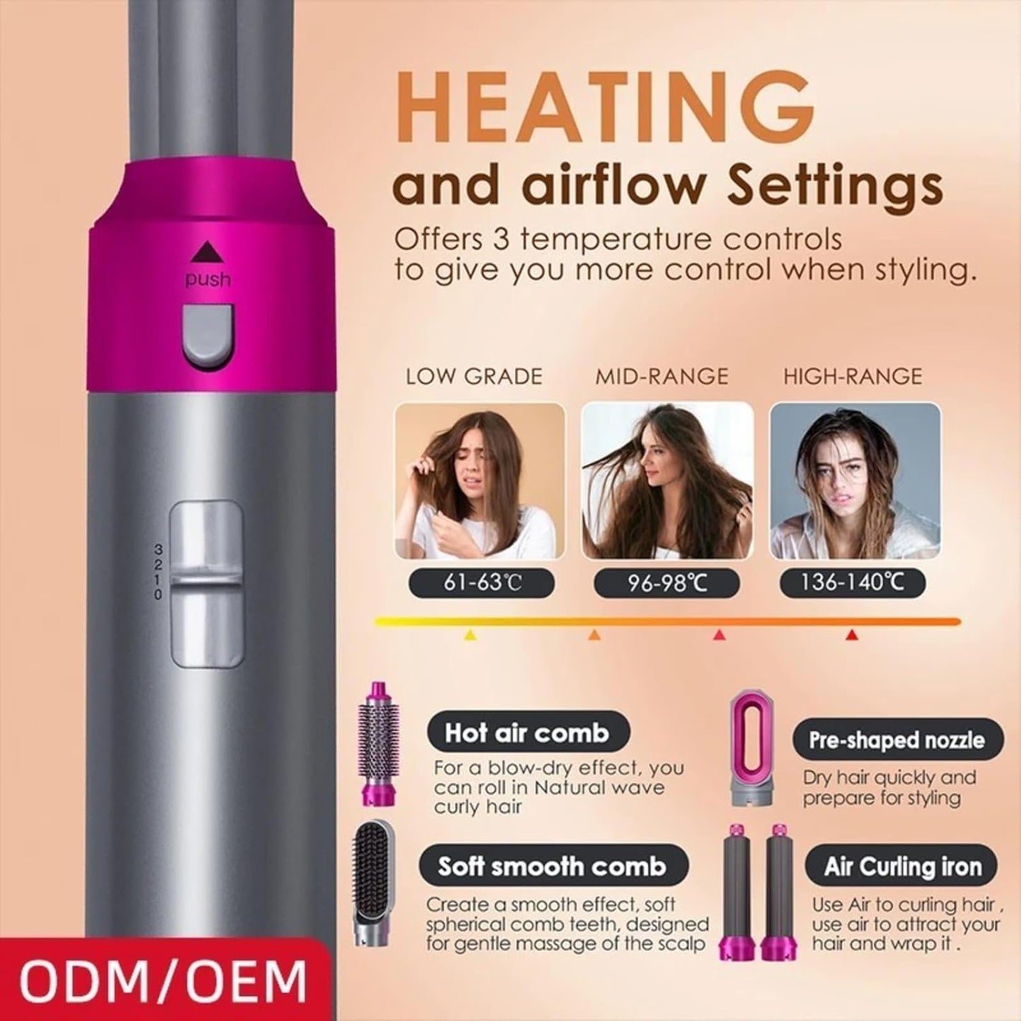 Five in one curling stick set, with curling heating brush and 4 interchangeable ceramic curling sticks (0.4 "-1.25"), long-lasting curling, quick heating curling sticks with gloves and 2 clips