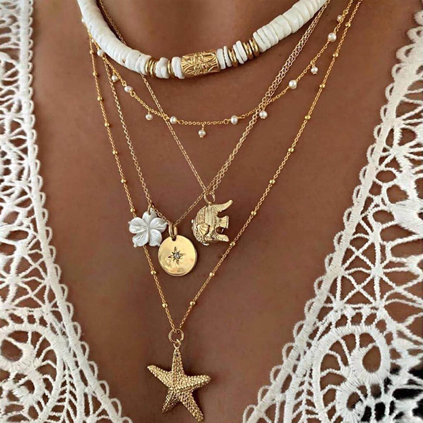 Layered Puka Shell Necklace for Women Gold Seashell Starfish Palm Sun Penda