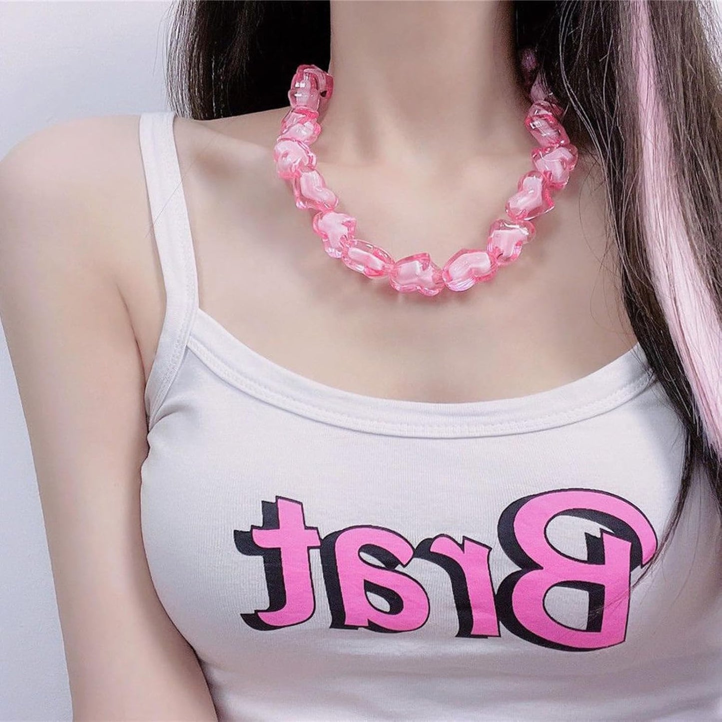 Pink Heart Choker Necklace Acrylic Heart Beaded Choker Necklace Chunky Hear