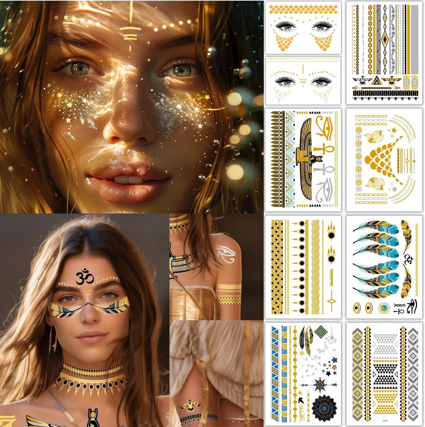 Egyptian Metallic Temporary Tattoo Set, Bachelorette Gold Tattoos