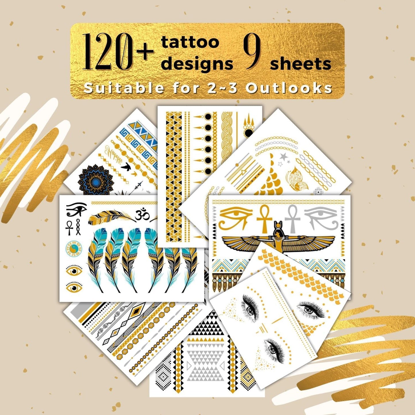Egyptian Metallic Temporary Tattoo Set, Bachelorette Gold Tattoos