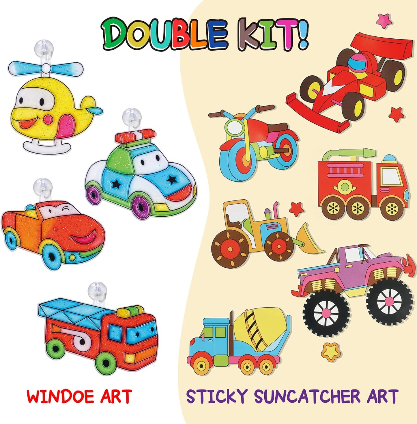 Cars Suncatcher Kit for Boys, First Responder Window Art for Boys & Kids, Includes 6 Sun Catchers, 6 Paints, 4 Sticky Art Templates & More, Police & Firetruck Arts and Crafts Activity Set for Boys