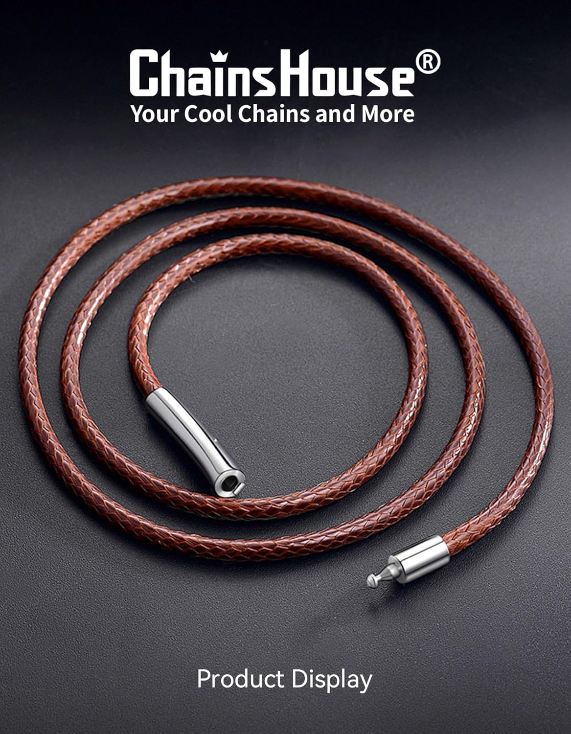 ChainsHouse Waterproof Braided Leather Cord Chain Necklaces, Men Women DIY