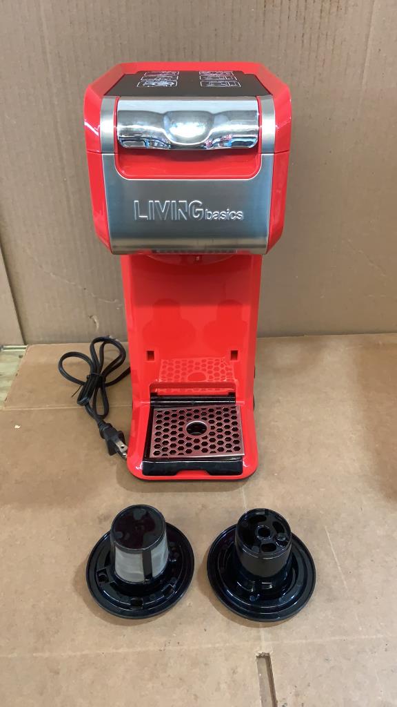 LIVINGbasics LVBe-CM1801-All 2 In 1 Single Serve Coffee Maker Brewer, Ground & Capsule, Slim Design, Red