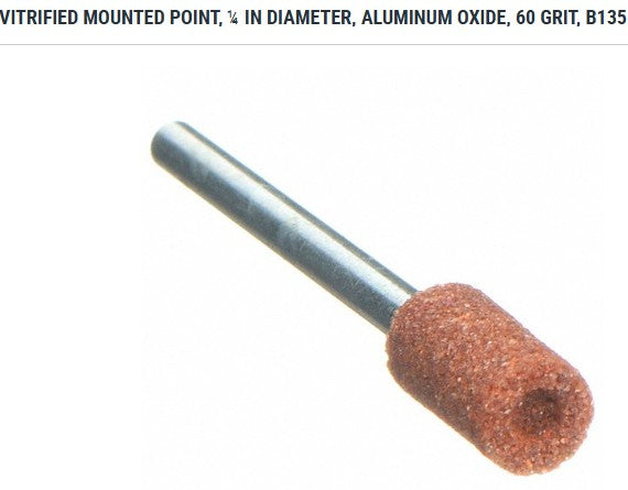VITRIFIED MOUNTED POINT, ¼ IN DIAMETER, ALUMINUM  OXIDE, 60 GRIT, B135