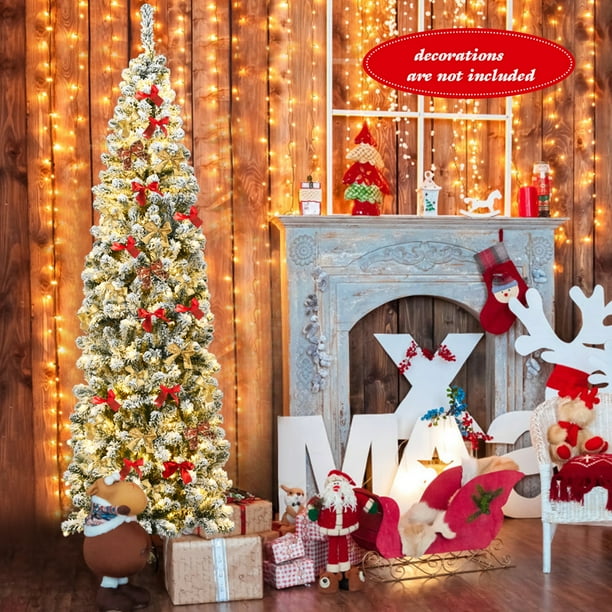 Gymax GYM06136 7.5ft Pre-lit Pencil Snow Flocked Pencil Christmas Tree