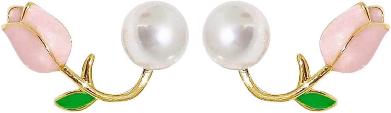 Pink Flower Earrings Tulip Flower Stud Earrings for Women Pearl Flower Earr