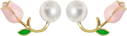 Pink Flower Earrings Tulip Flower Stud Earrings for Women Pearl Flower Earr