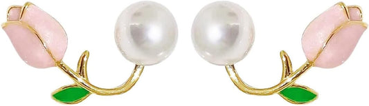 Pink Flower Earrings Tulip Flower Stud Earrings for Women Pearl Flower Earr