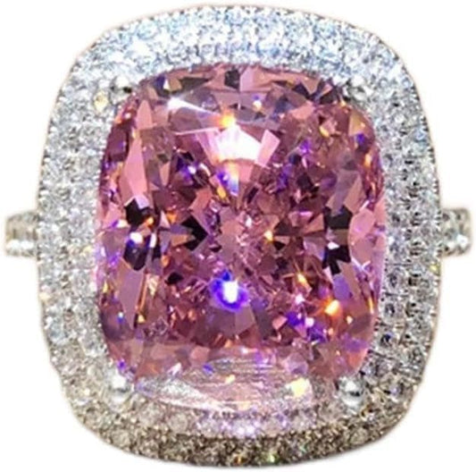 QUSIIOSLK 18K Gold Plated Princess Cut Pink Crystal Silver Ring w