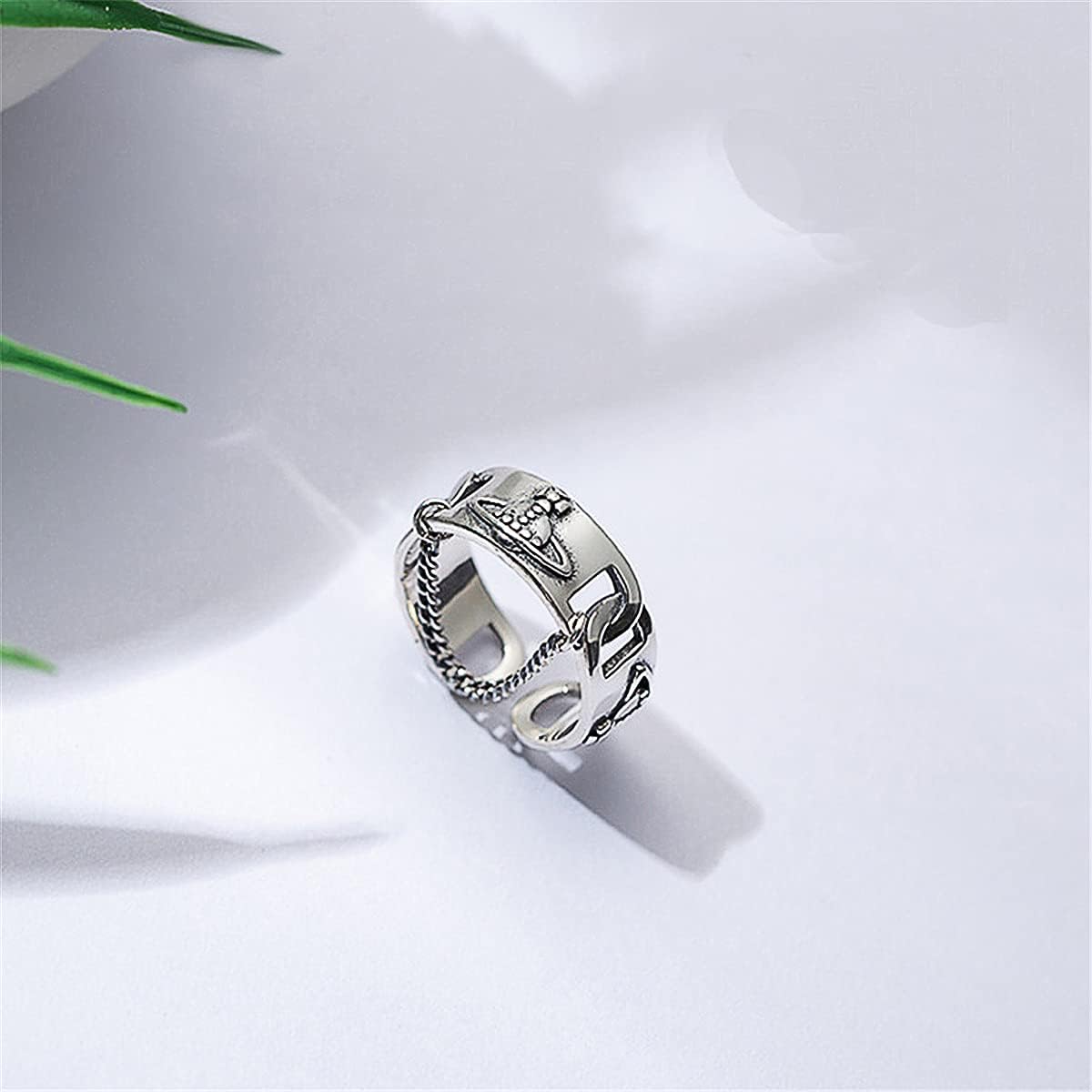 Beccalame Saturn Chain Sterling Silver Adjustable Ring Y2K Edgy R