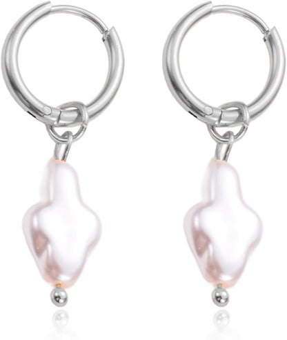 Gold Cross Hoop Earrings for Women Pearl Earrings Asymmetrical Earrings Sil