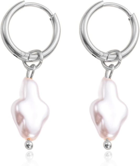 Gold Cross Hoop Earrings for Women Pearl Earrings Asymmetrical Earrings Sil