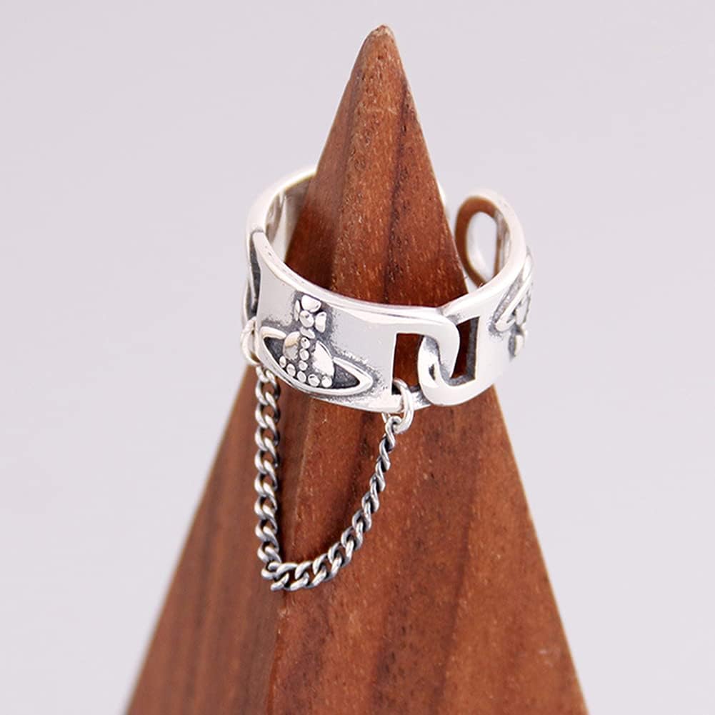 Beccalame Saturn Chain Sterling Silver Adjustable Ring Y2K Edgy R