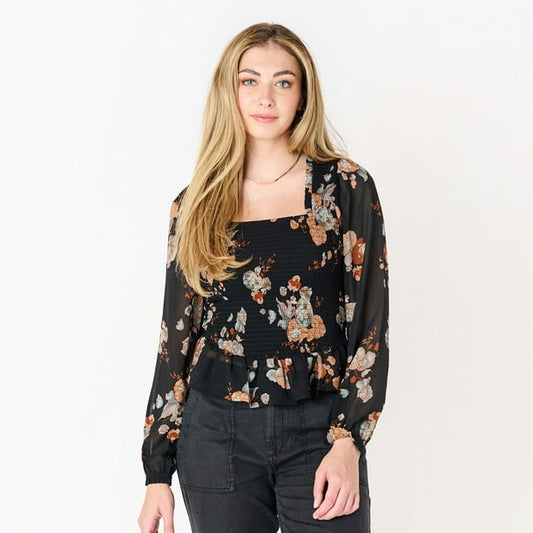 DV L/S smocked bodice blouse with ruffled hem XS