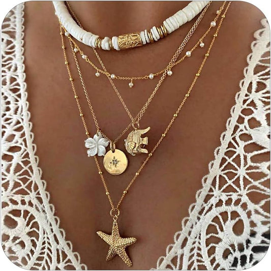 Layered Puka Shell Necklace for Women Gold Seashell Starfish Palm Sun Penda