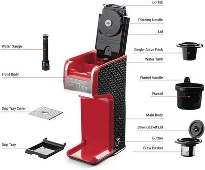 LIVINGbasics LVBe-CM1801-All 2 In 1 Single Serve Coffee Maker Brewer, Ground & Capsule, Slim Design, Red