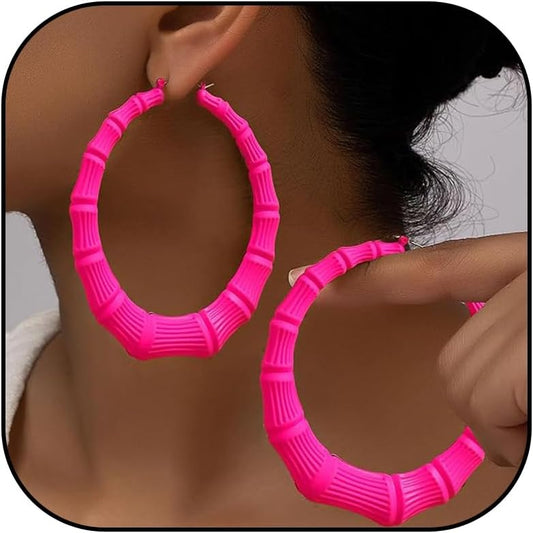 Gold Bamboo Earrings Pink Bamboo Hoop Earrings for Women 80s 90s