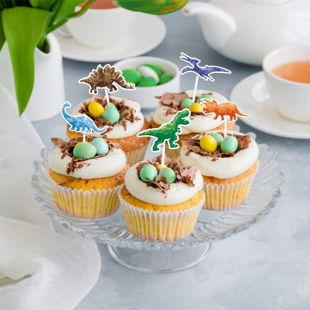 WERNNSAI Watercolor Dinosaur Party Cupcake Toppers - 36PCS Dinosaur Birthda