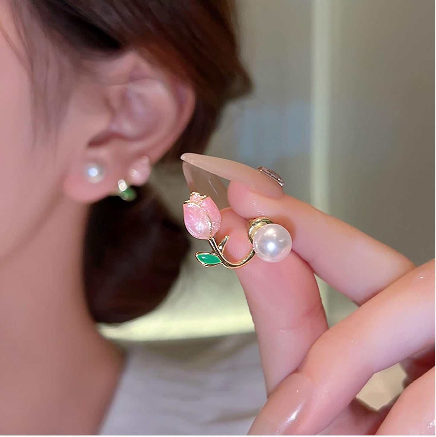Pink Flower Earrings Tulip Flower Stud Earrings for Women Pearl Flower Earr