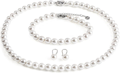 AOOVOO Pearl Necklace Set for Women Girls, 8mm Round Shell Pearl Includes S