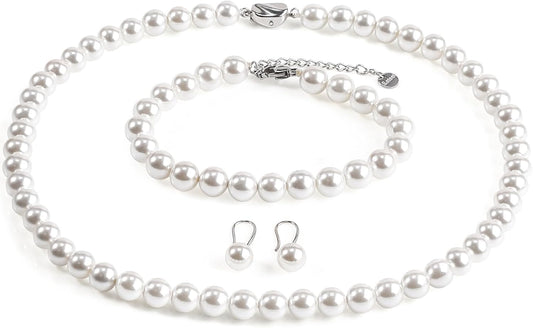 AOOVOO Pearl Necklace Set for Women Girls, 8mm Round Shell Pearl Includes S