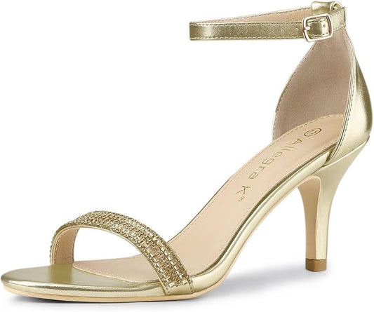 Allegra K Women's PU Ankle Strap Rhines Stiletto  Heels Sandals Gold, 8