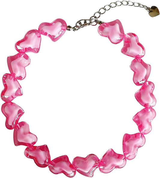 Pink Heart Choker Necklace Acrylic Heart Beaded Choker Necklace Chunky Hear