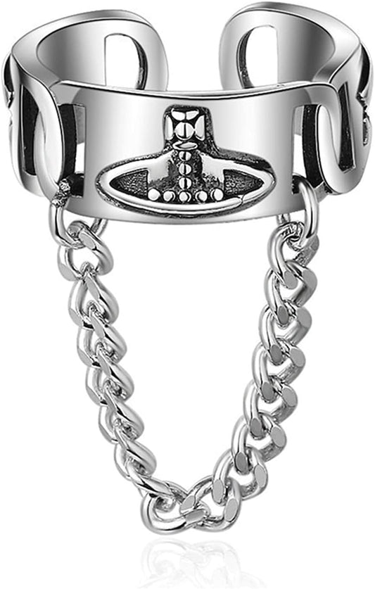 Beccalame Saturn Chain Sterling Silver Adjustable Ring Y2K Edgy R