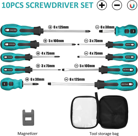 10Pcs Magnetic Screwdriver Set, 5 Size Heavy Duty  Chrome Vanadium Steel Screwdriver 5 Flat & 5 Cross  Head Screwdriver-with Tool Bag