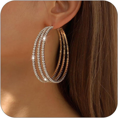 Rhinestone Hoop Earrings for Women Gold Sparkly Hoop Earrings Large Silver