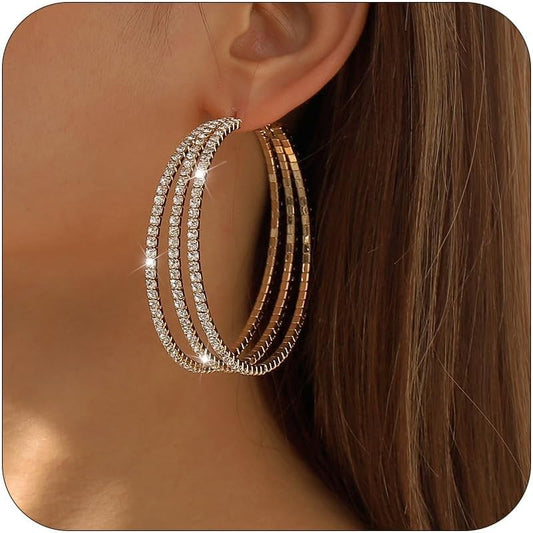 Rhinestone Hoop Earrings for Women Gold Sparkly Hoop Earrings Large Silver