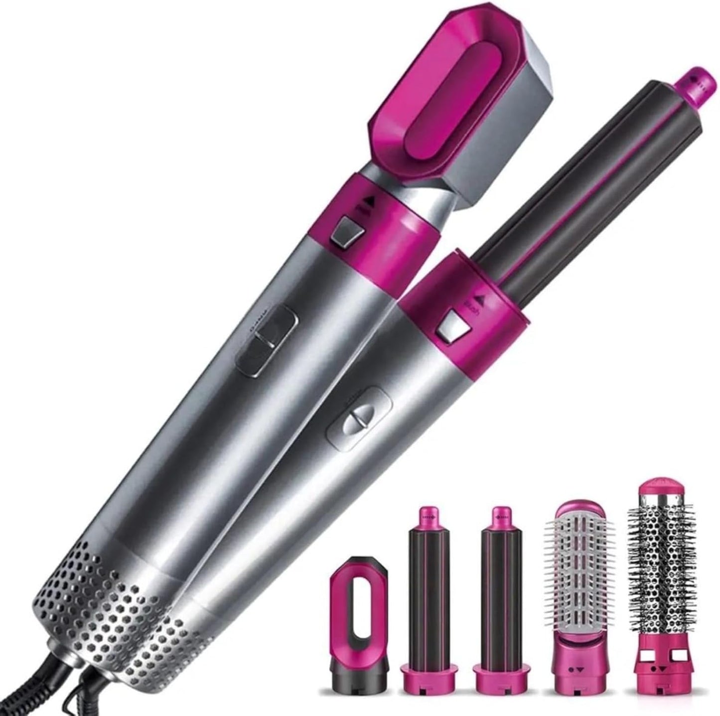 Five in one curling stick set, with curling  heating brush and 4 interchangeable ceramic  curling sticks (0.4 "-1.25"), long-lasting  curling, quick heating curling sticks with gloves  and 2 clips