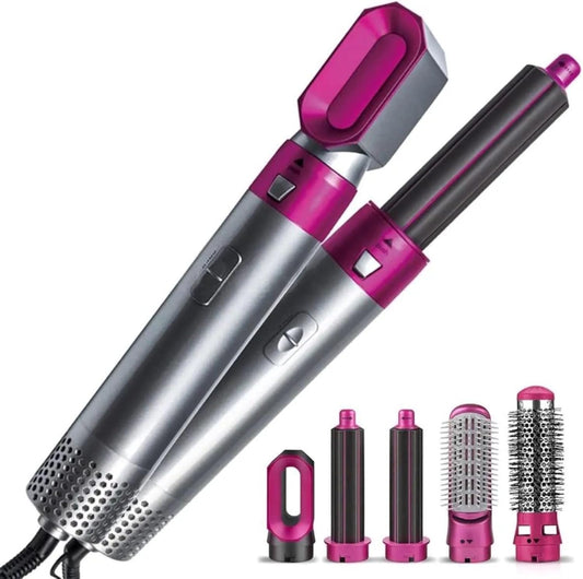Five in one curling stick set, with curling  heating brush and 4 interchangeable ceramic  curling sticks (0.4 "-1.25"), long-lasting  curling, quick heating curling sticks with gloves  and 2 clips