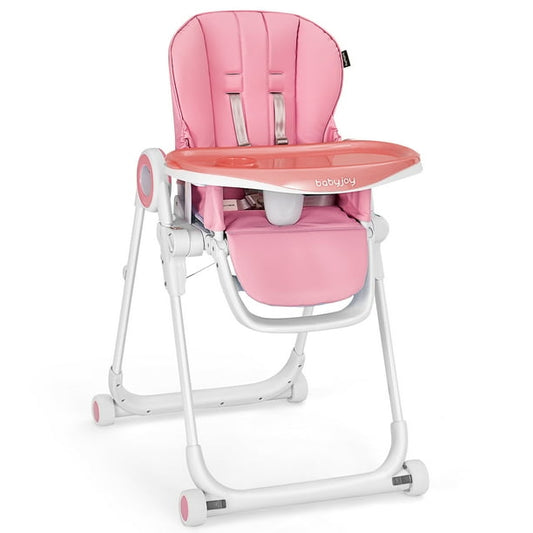 Costway Babyjoy Baby High Chair Foldable Feeding Chair w/ 4 Lockable Wheels Pink