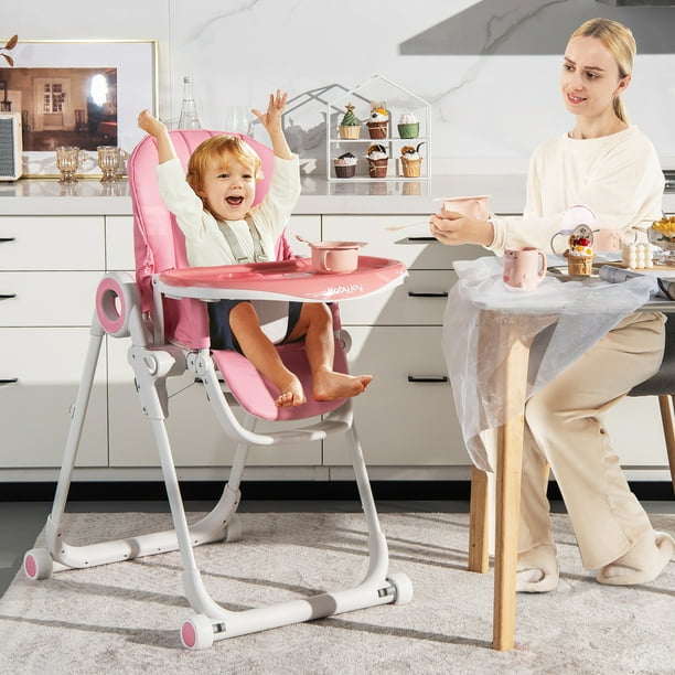 Costway Babyjoy Baby High Chair Foldable Feeding Chair w/ 4 Lockable Wheels Pink