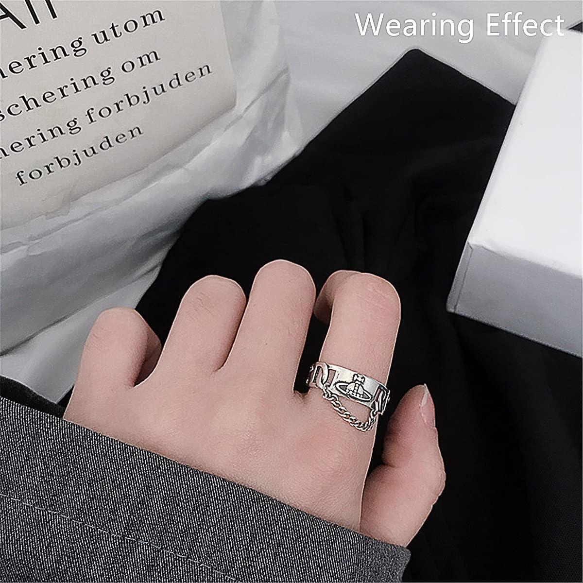 Beccalame Saturn Chain Sterling Silver Adjustable Ring Y2K Edgy R